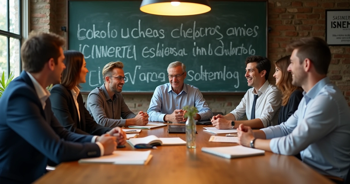 Discussão entre colegas de trabalho em uma mesa com livros e anotações