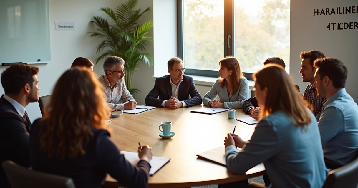 Pessoas em sala de reunião demonstrando colaboração e escuta ativa 