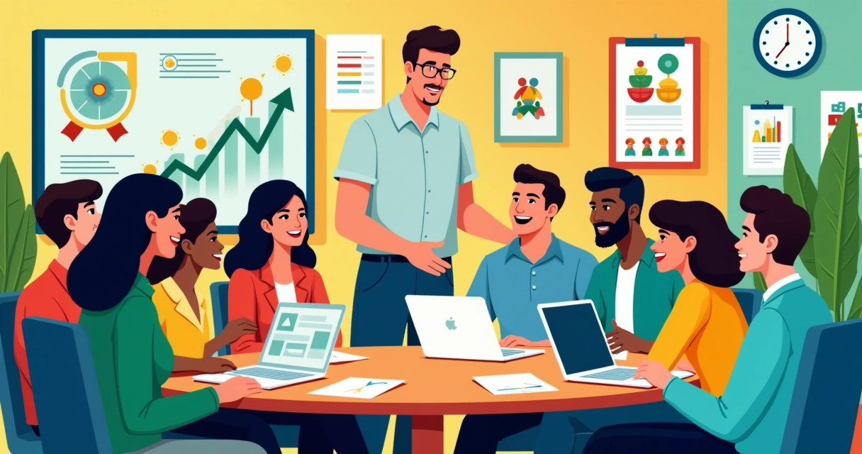 Grupo de franqueados e colaboradores discutindo em um ambiente de trabalho vibrante e colaborativo.