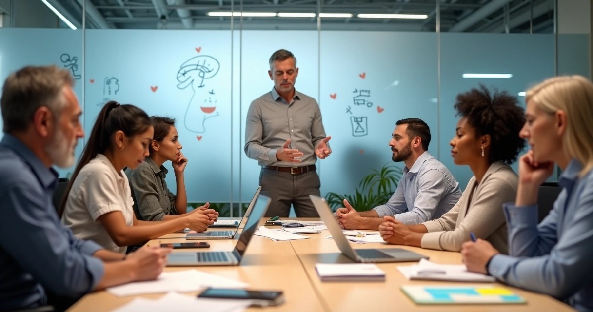 Equipo de oficina multigeneracional en reunión mostrando distintas emociones y colaboración 