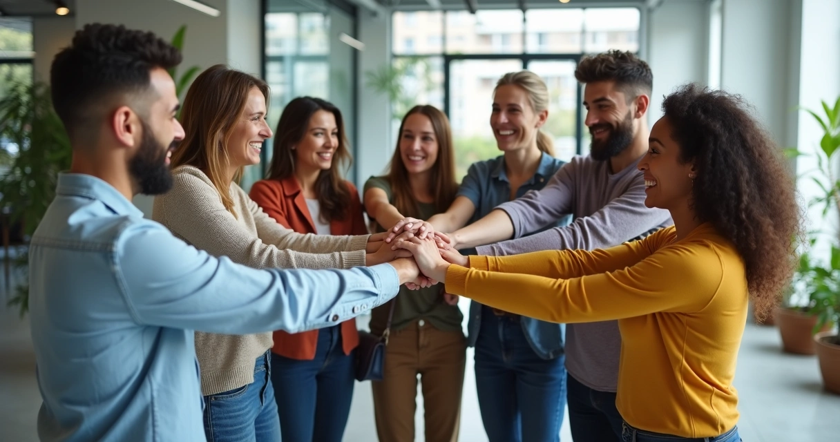 Equipe unida em círculo, sorrindo e celebrando em ambiente de trabalho moderno