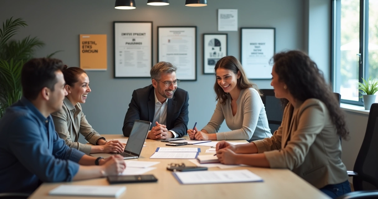 Equipe diversificada reunida ao redor de mesa de reunião, interagindo com entusiasmo, representando alinhamento com a cultura organizacional 