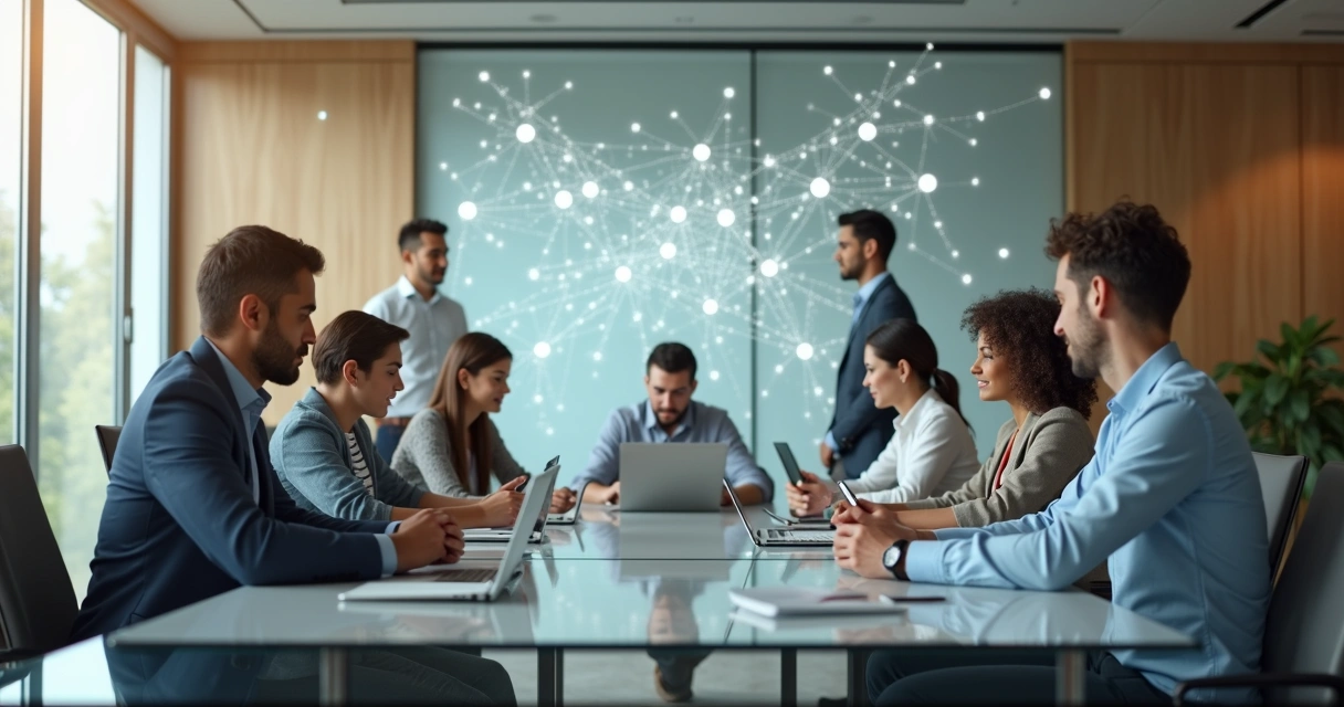 Equipe de trabalho em escritório com silhuetas conectadas por linhas representando padrões inconscientes 