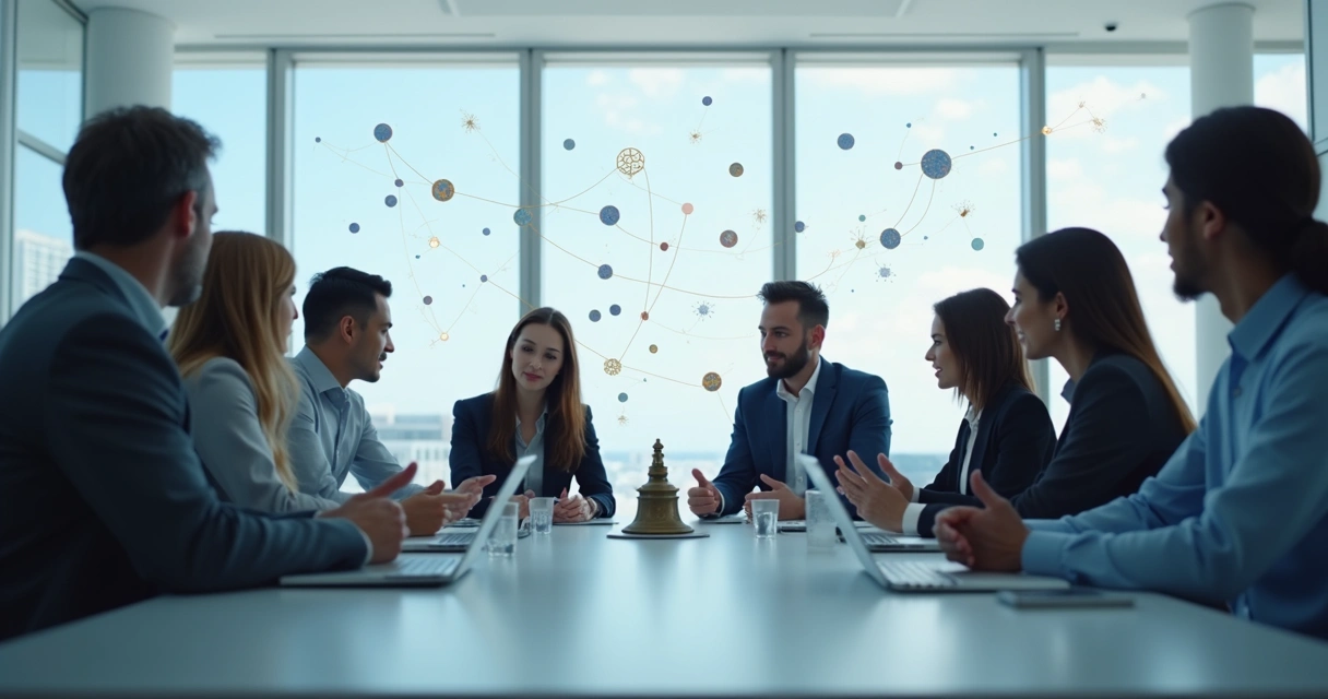 Equipe de pessoas reunidas, símbolos e objetos corporativos misturados com elementos abstratos de conexões