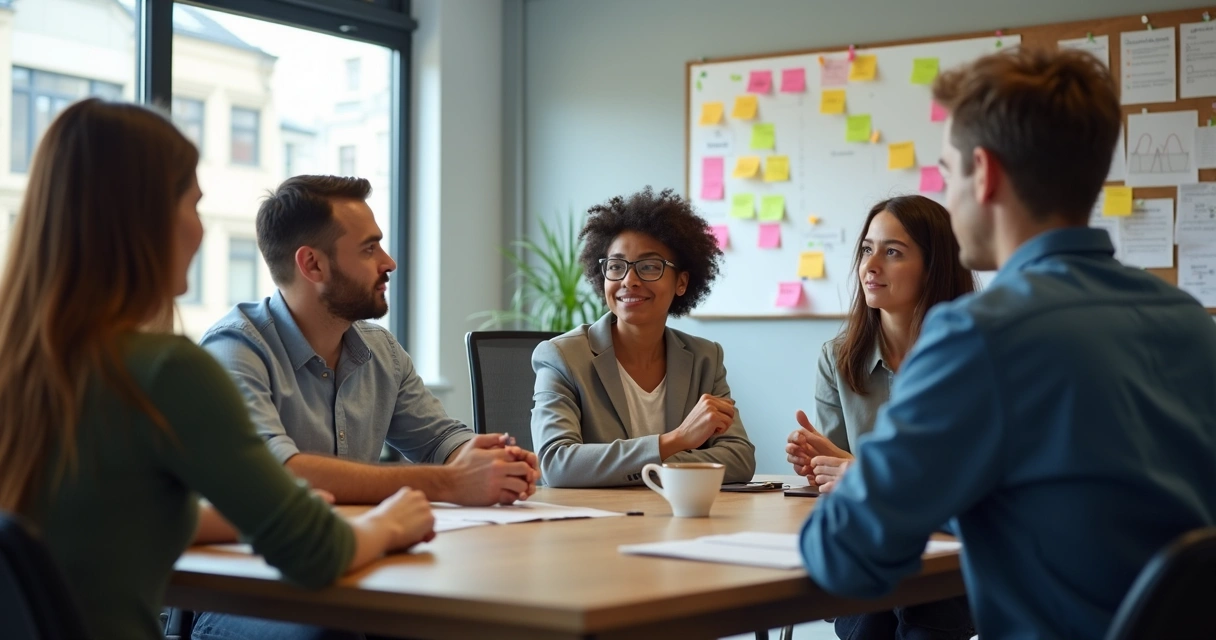 Equipe de trabalho reunida em círculo em sala moderna 