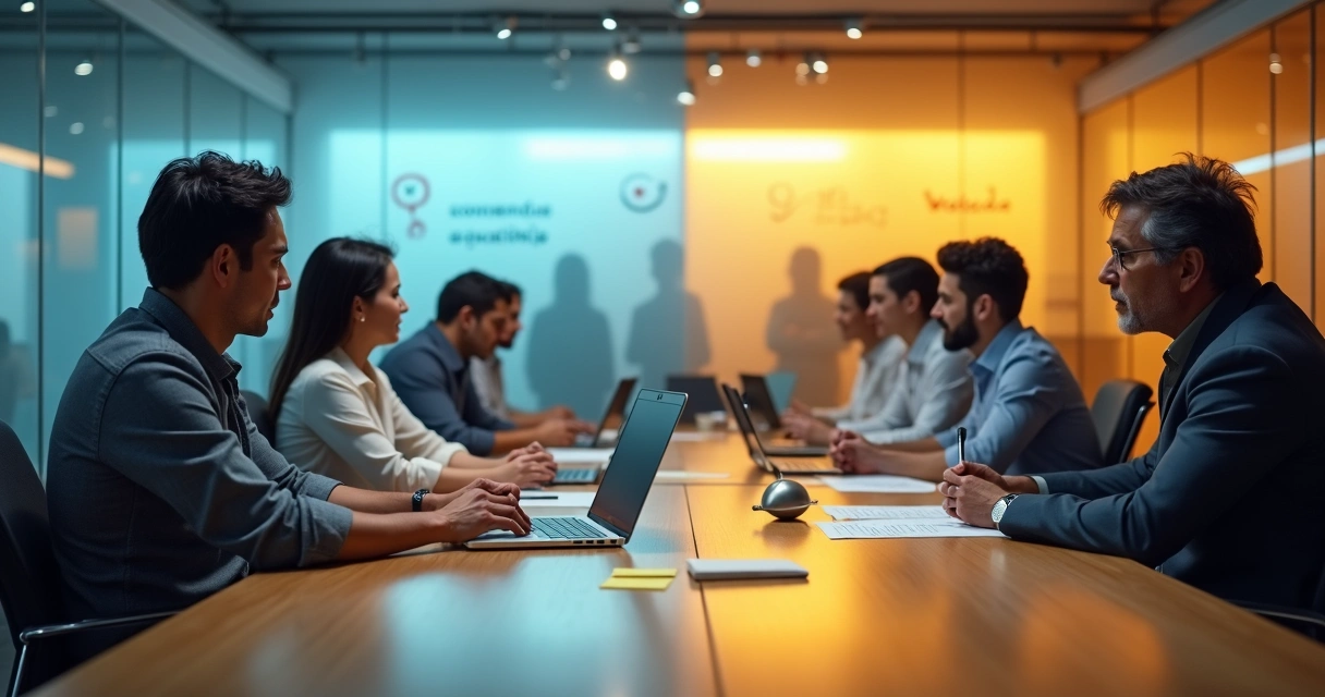 Equipo de trabajo diverso en una sala moderna con contraste entre tensión y armonía 