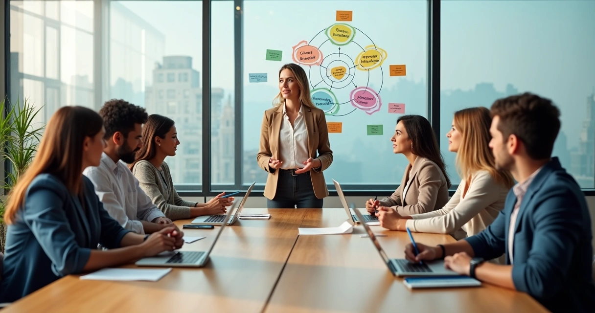 Equipe diversa em reunião alinhando cultura organizacional em escritório moderno 