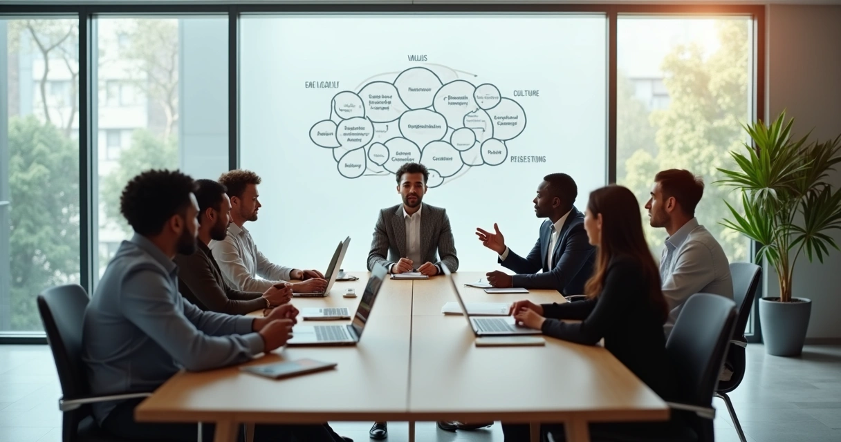 Equipe diversa em reunião simbolizando cultura organizacional e maturidade emocional 