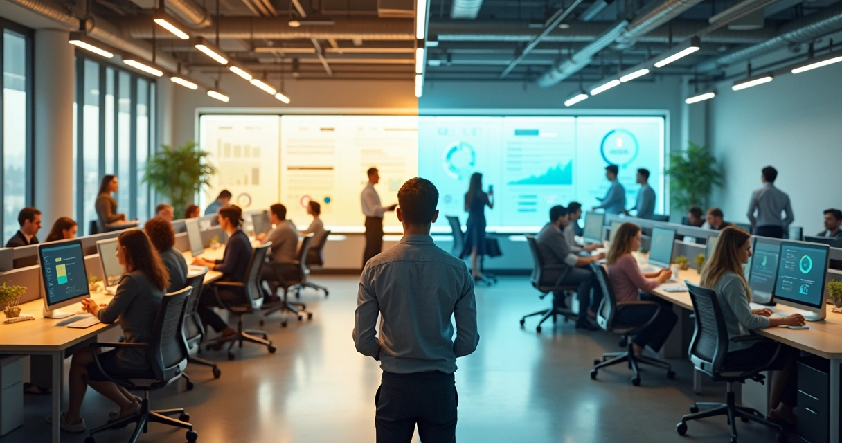 Equipe em open space colorido mostrando comparacao entre cultura saudavel e ambiente tenso 