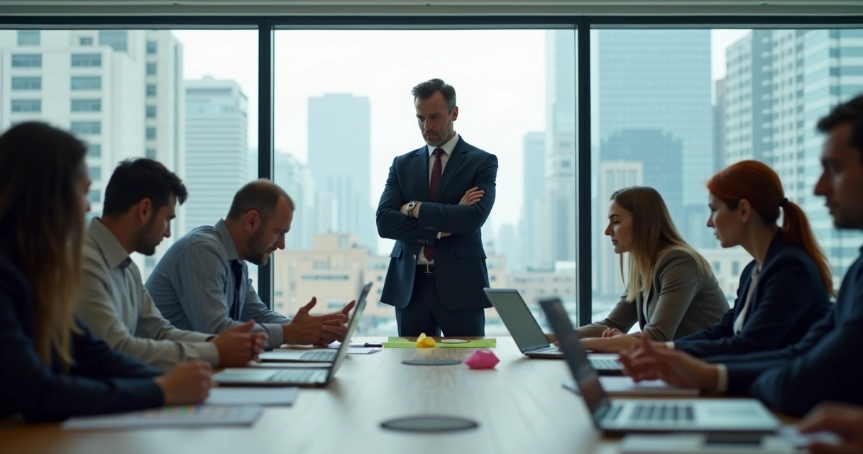 Líder observa equipe dividida entre conflito e colaboração em um escritório moderno 