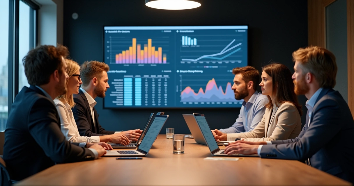 Equipe empresarial discutindo cultura organizacional ao redor de mesa com laptops e gráficos 
