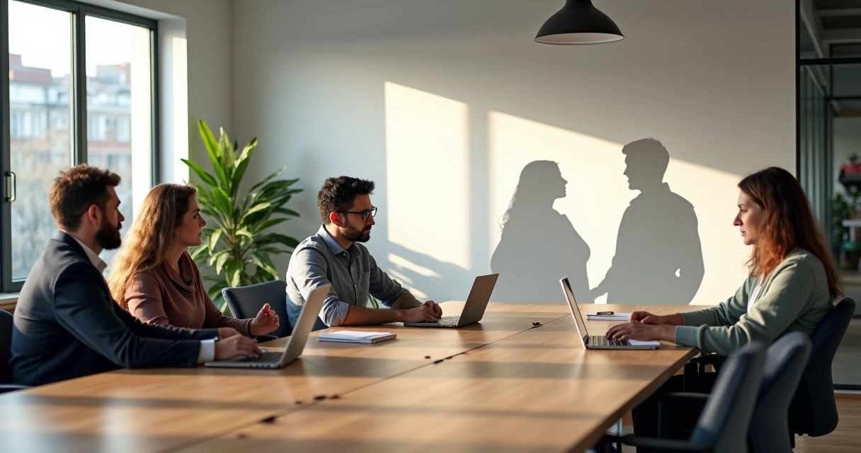 Equipes em um escritório com sombra de pais e filho projetada na parede 