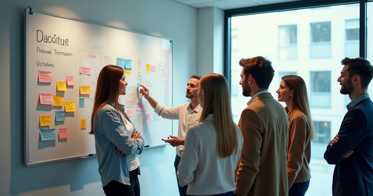Grupo analizando valores y cultura en una pizarra en sala de reuniones. 