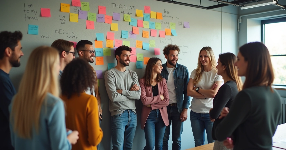 Funcionários de empresa demonstrando cultura organizacional positiva com união e diversidade