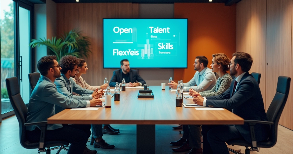Equipes reunidas em uma sala de reuniões, com membros olhando insatisfeitos para uma tela onde conceitos de open talent estão apresentados 