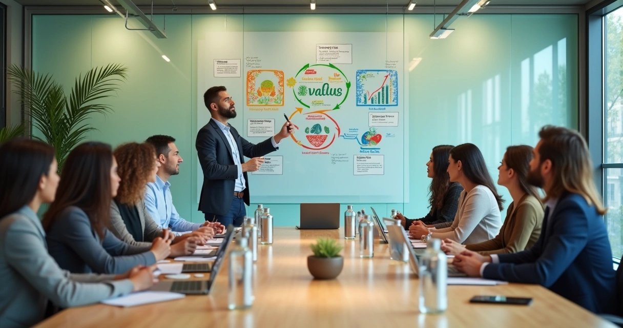 Equipe diversa de executivos alinhando cultura organizacional com responsabilidade social em reunião moderna 