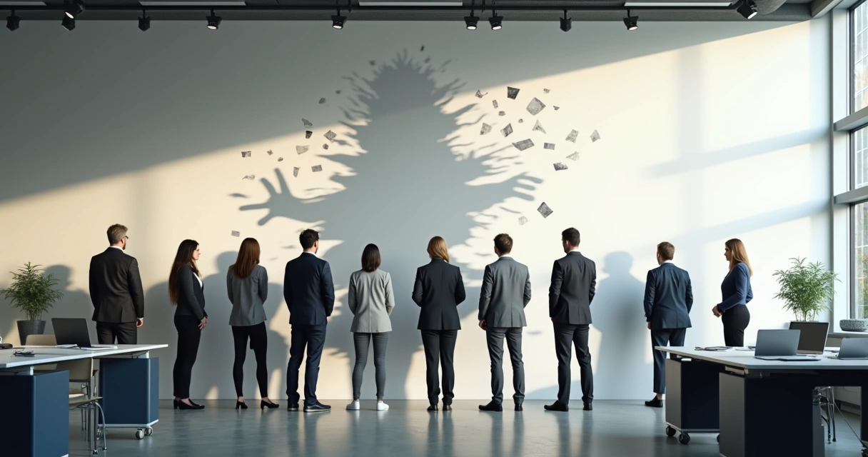Equipe em escritório moderno projetando sombra coletiva distorcida na parede 