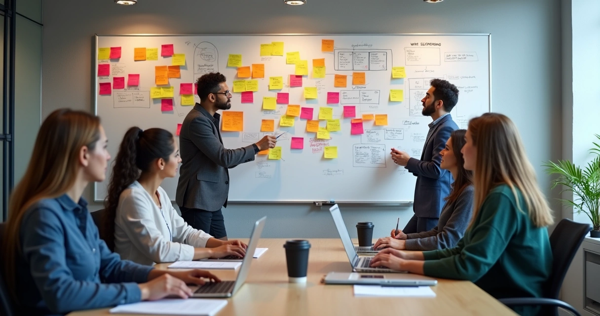 Equipe de tecnologia diversificada em sala moderna, brainstorming sobre quadro branco cheio de diagramas 