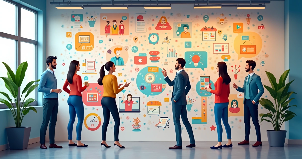 Valores e símbolos culturais estampados em mural colorido no escritório. 