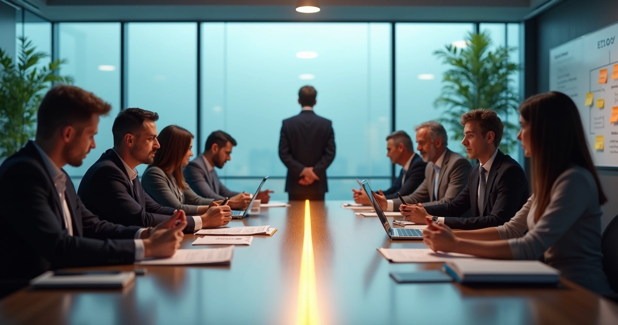 Equipe em reunião com linha divisória representando conflito entre cultura organizacional e valores pessoais 