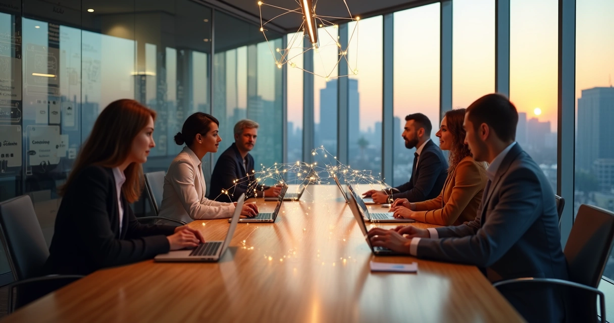 Equipe em sala corporativa conectada por linhas que simbolizam vínculos invisíveis 