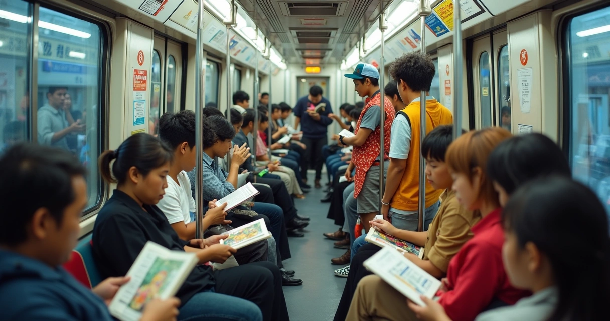 Leitores de mangá em trem japonês lotado, cosplayers ao fundo 