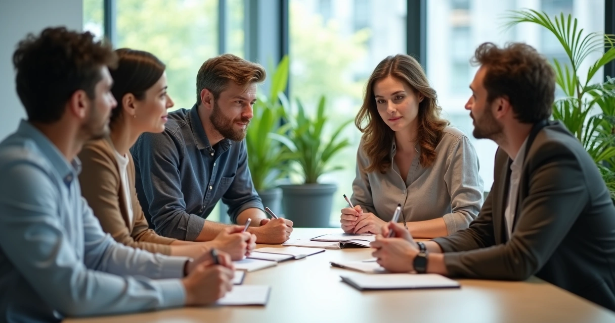 Equipe diversa de colegas trocando ideias em escritório moderno 