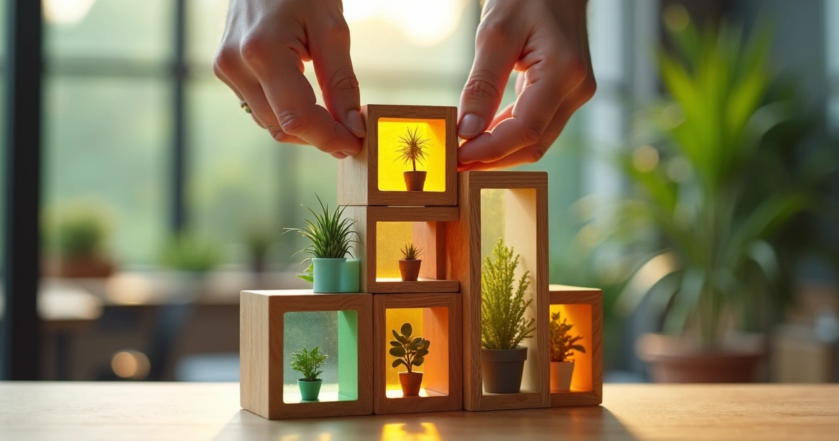 Mão encaixando peça de madeira colorida em estrutura de empresa sustentável 