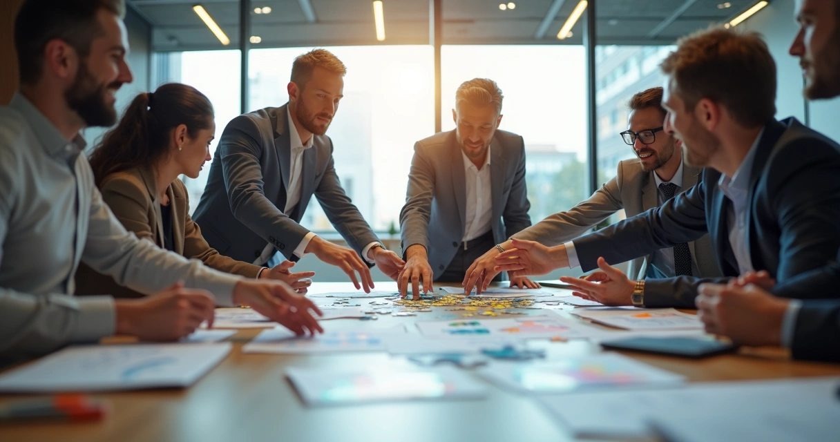 Equipe de trabalho engajada em atividade colaborativa 