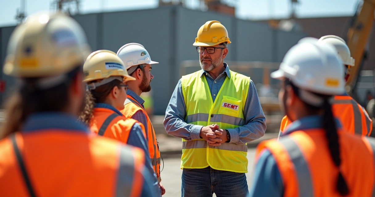 Colaboradores em um canteiro de obras participando de treinamento de prevenção com foco na cultura de segurança, usando EPI e atentos ao instrutor. 