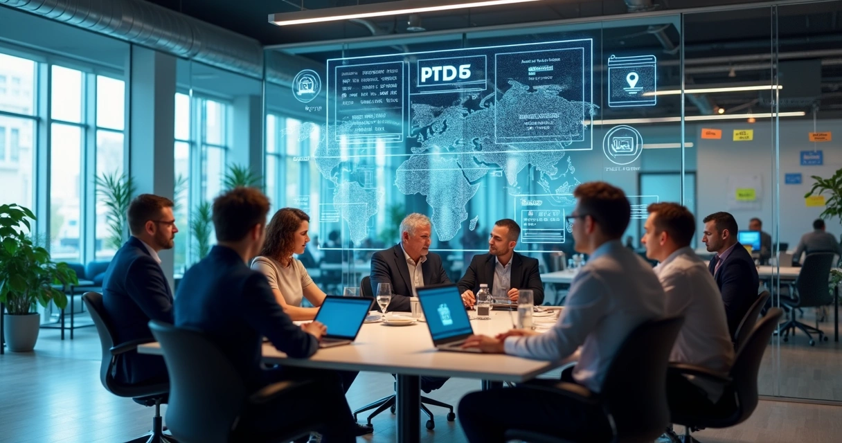 Sala ampla de escritório com equipe focada em segurança de dados digitais 