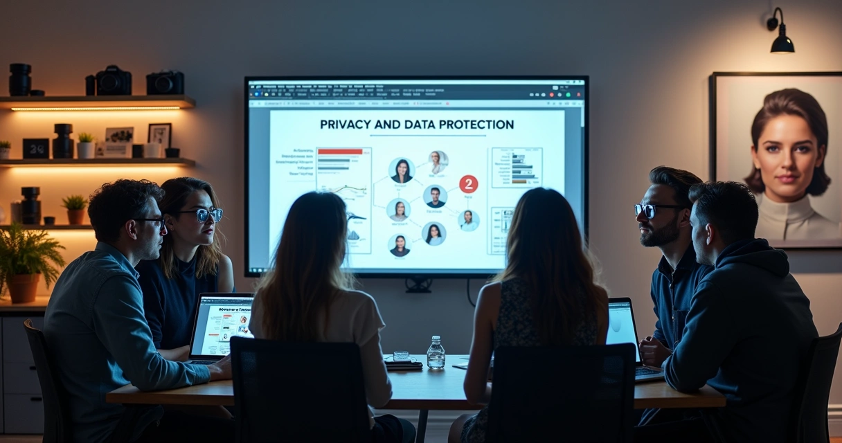 Estúdio de fotografia com equipe em treinamento de segurança digital 