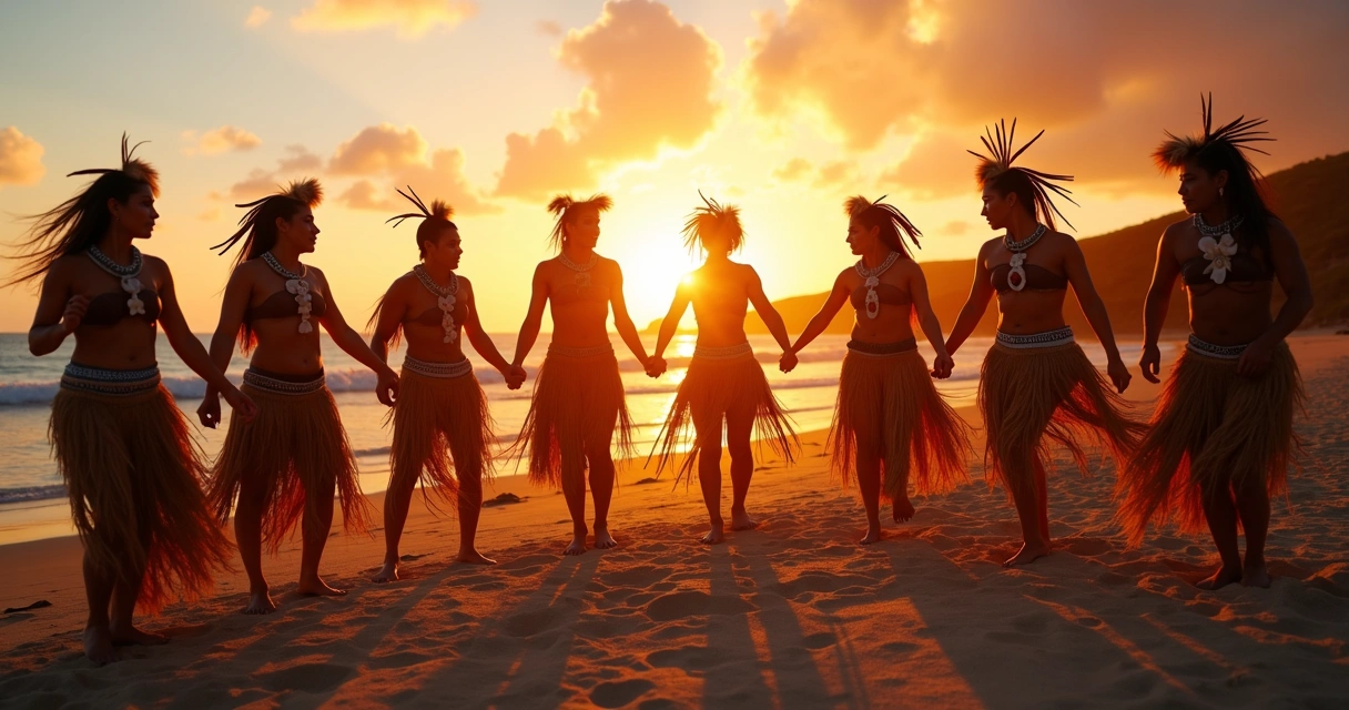 Dança típica Rapa Nui com trajes tradicionais durante pôr do sol 