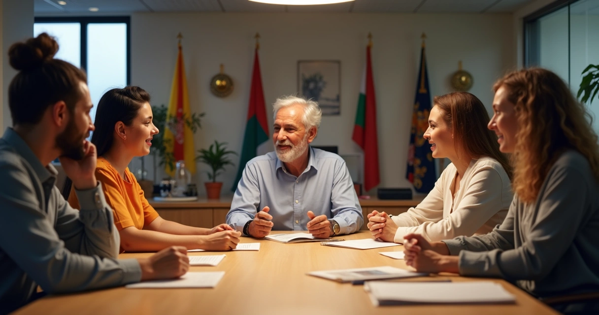 Grupo de pessoas em uma sala de reunião com diferentes expressões, sugerindo diversidade cultural e interação