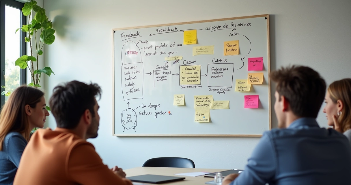 Quadro branco em sala de escritório com processo de feedback desenhado 