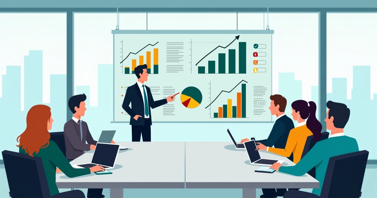 Equipe em reunião com líder apontando metas em painel de resultados 