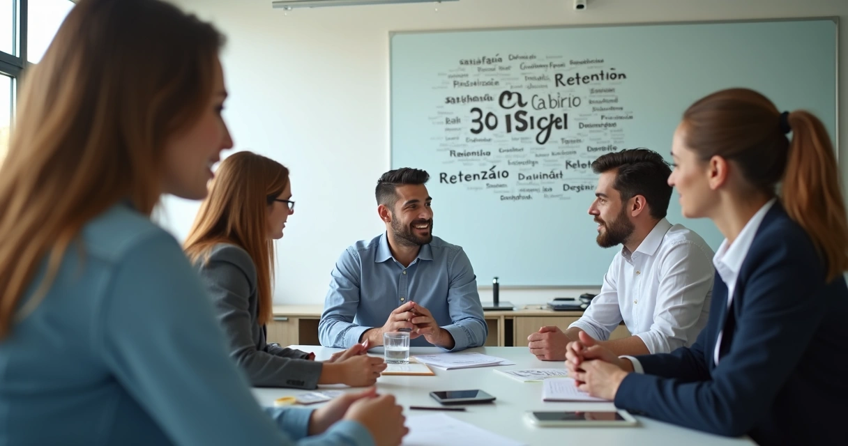 Reunião entre profissionais de BPO e contabilidade discutindo cultura de retenção 