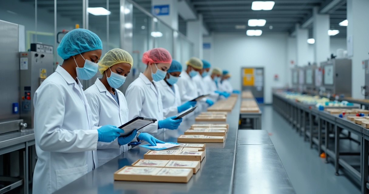 Equipe em fábrica de alimentos realizando checklist de segurança alimentar 