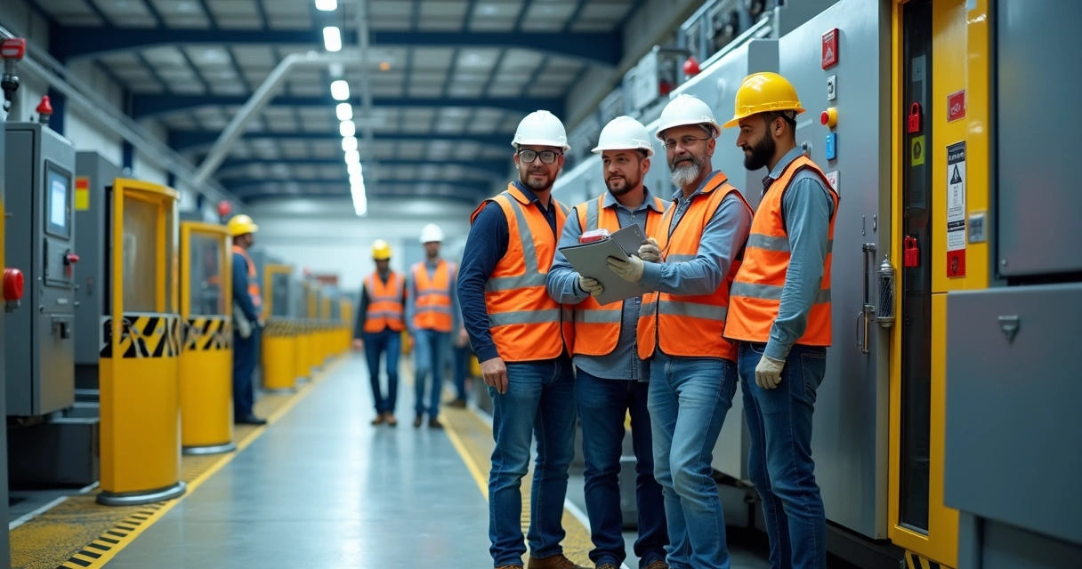 Equipe em fábrica ao lado de máquinas industriais com barreiras de proteção e EPI completos 