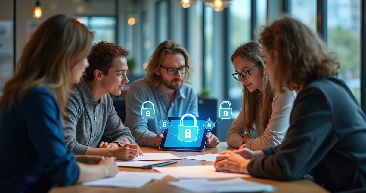 Equipe de tecnologia reunida discutindo segurança da informação