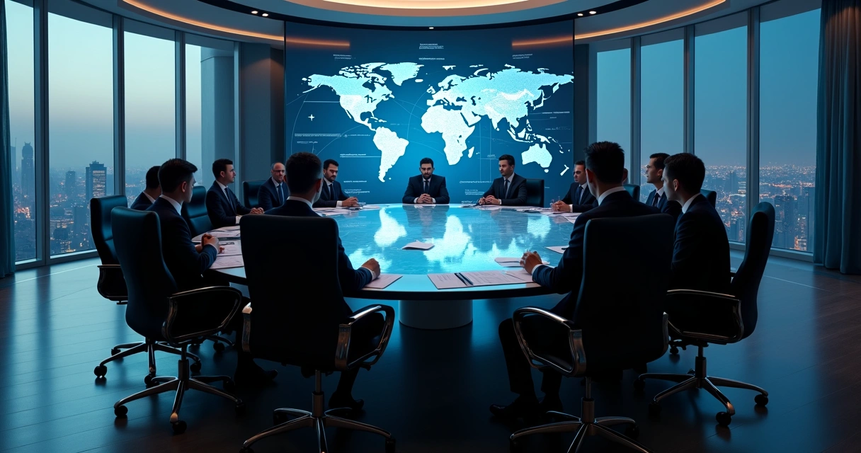 Conselho executivo global em mesa redonda com membros calados e cadeiras vazias em destaque 