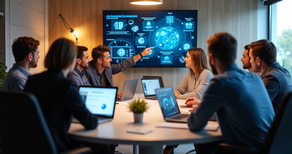 Time de contabilidade reunido discutindo IA 
