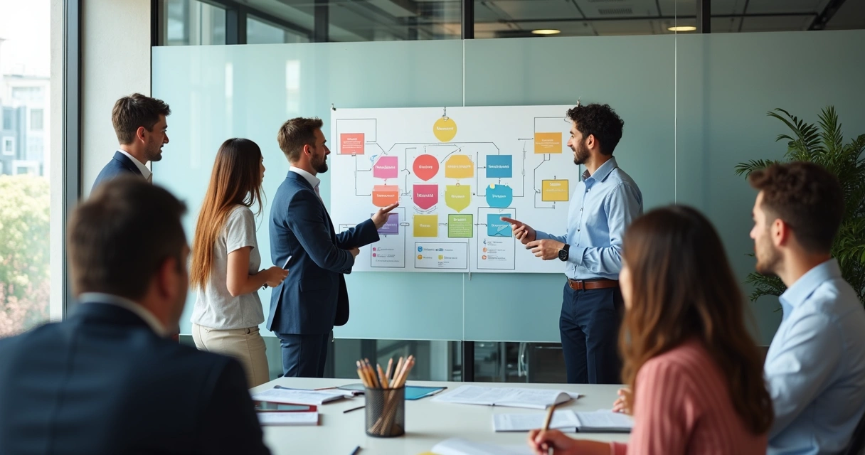 Equipe de trabalho analisando quadros e gráficos sobre cultura em sala de reuniões