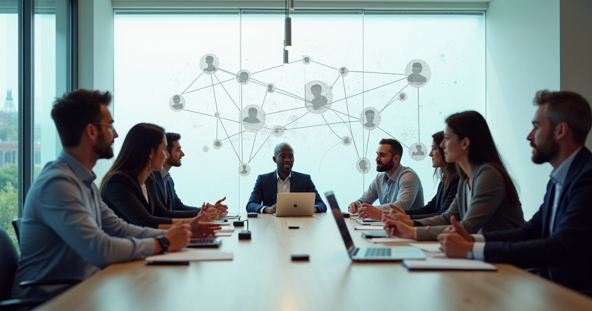 Equipe em reunião de trabalho com conexões simbólicas representando narrativas coletivas 