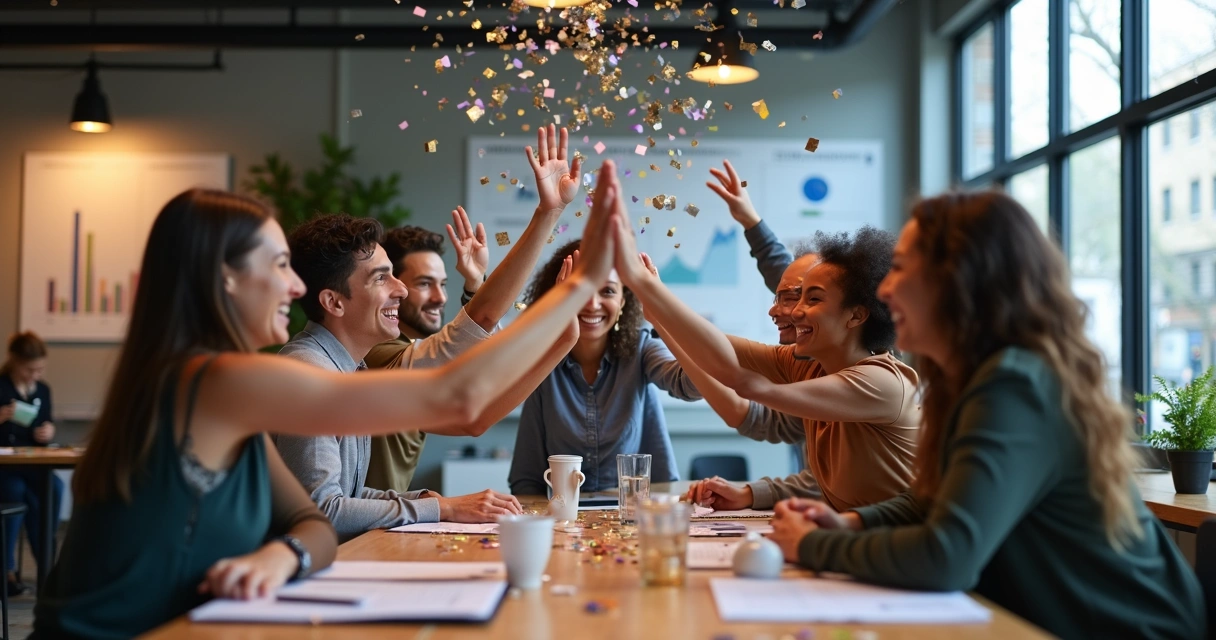 Equipe de vendas celebrando juntos em escritório moderno 
