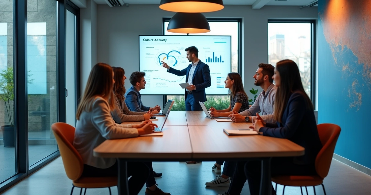 Equipe diversa em reunião dinâmica em escritório moderno 