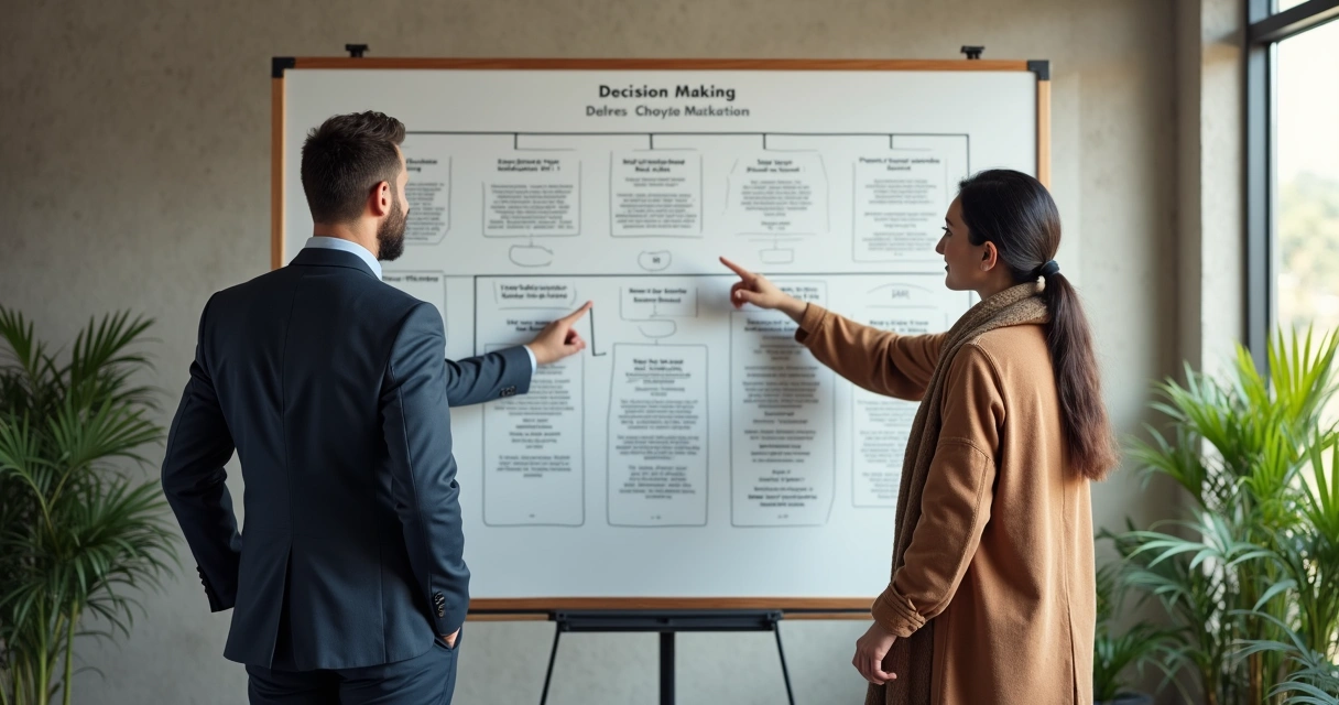 Two coworkers from different cultures facing a decision chart together