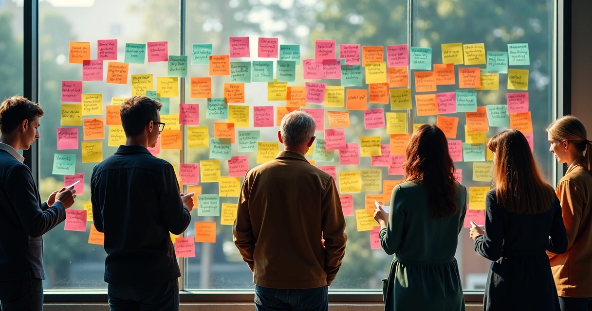 Multiple people from different backgrounds writing thoughts on sticky notes stuck on a glass wall 