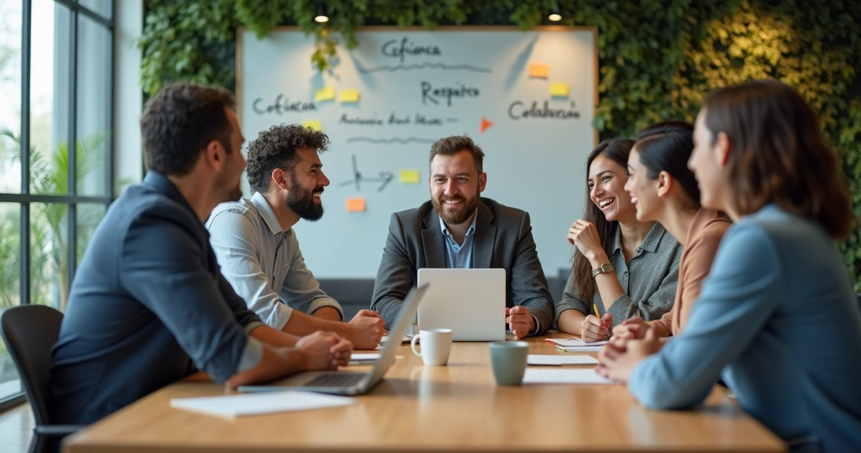 Equipe diversa em reunião colaborativa em escritório moderno com foco nas pessoas 
