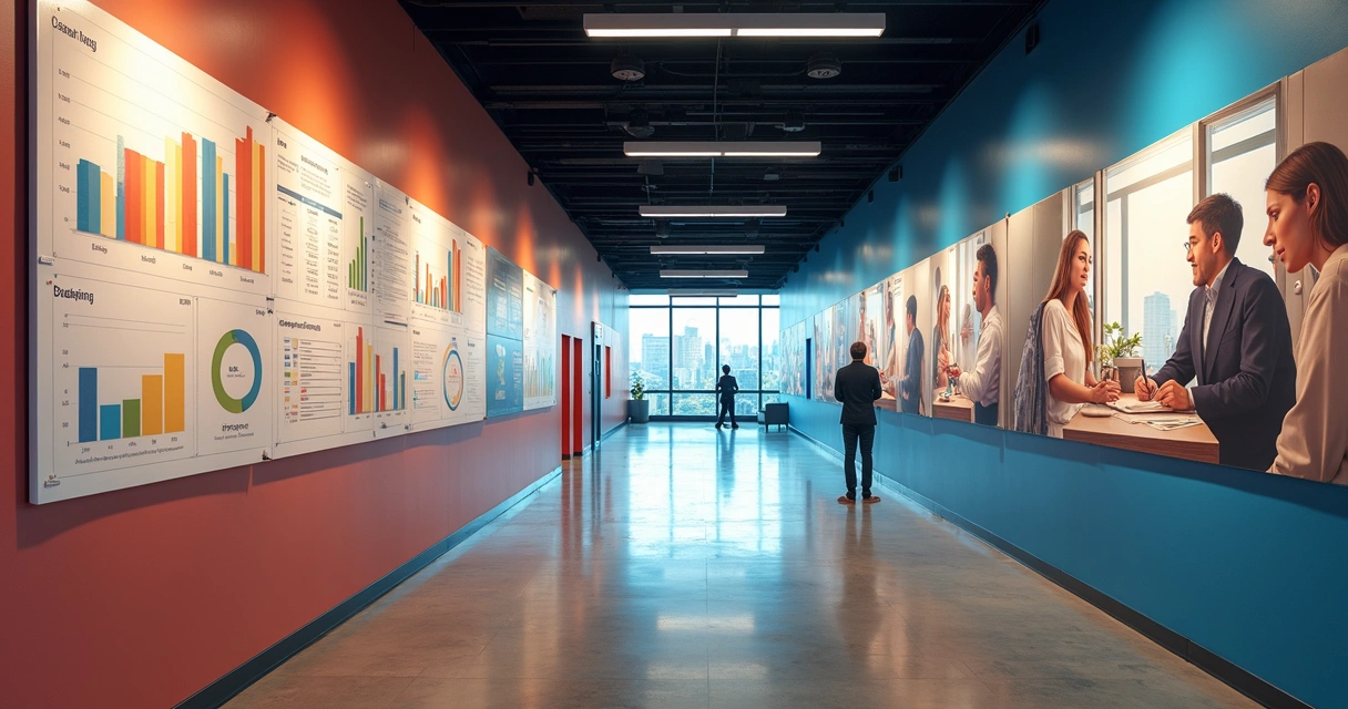 Office wall with glowing survey charts alongside vivid scenes of daily team interaction 